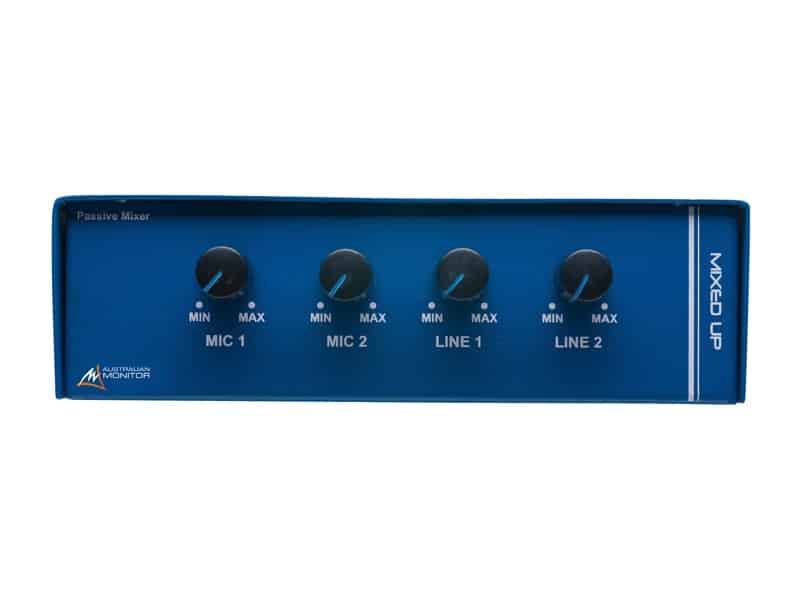 Australian Monitor MIXEDUP 4 channel passive mixer. Features 2 balancedanced XLR mic level inputs and 2 dual RCA line inputs to single 1 Australian Monitor MIXEDUP 4 channel passive mixer. Features 2 balancedanced XLR mic level inputs and 2 dual RCA line inputs to single